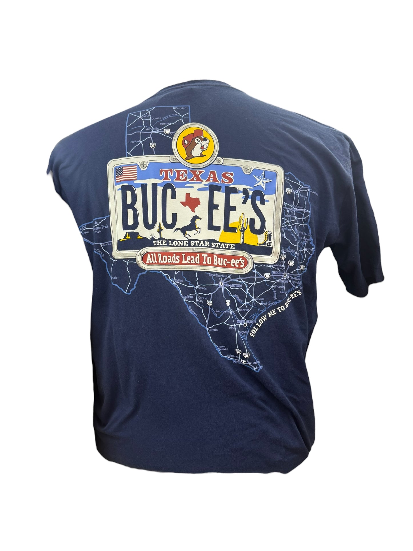 Buc-ee’s “All Roads Lead to Buc-ee’s” Texas Map T-Shirt – Navy Blue
