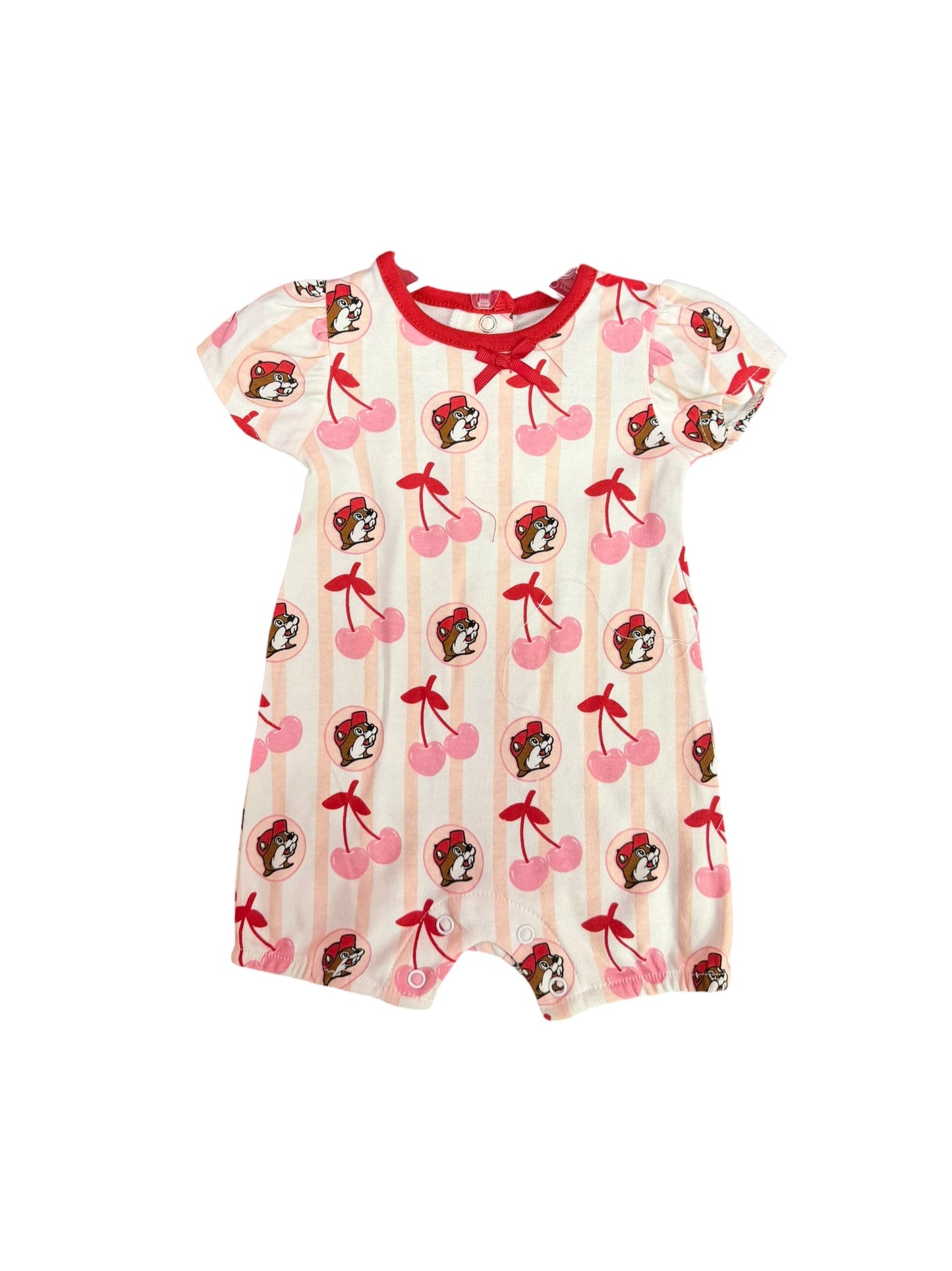 Buc-ee’s Baby Girl Cherry Outfit – 2-Piece Set – Top & Romper – Pink Stripe