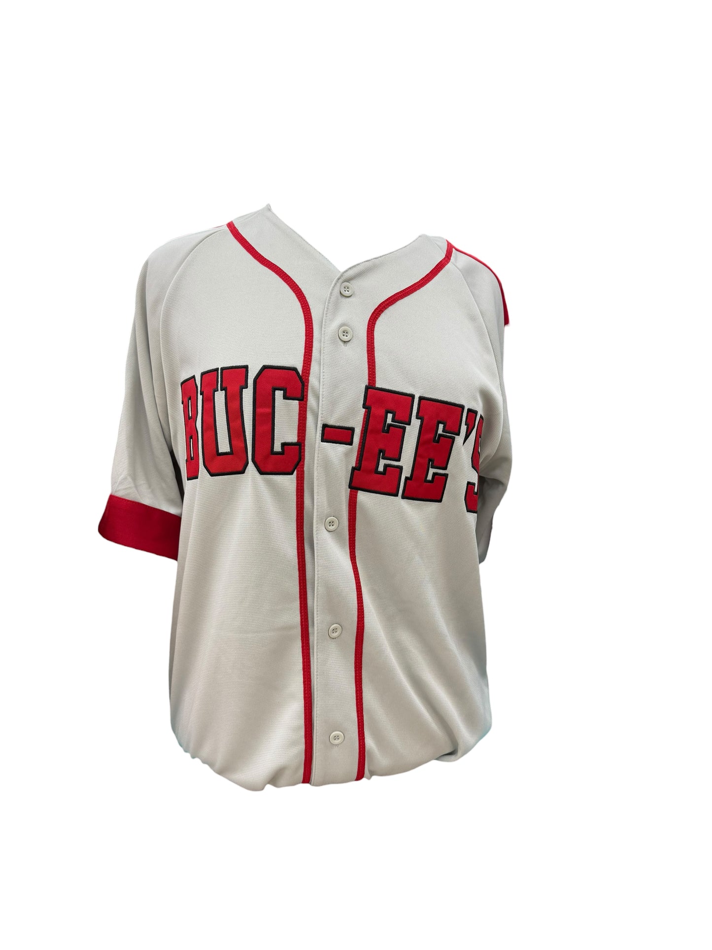 Buc-ee’s Texas #82 Baseball Jersey – Gray & Red Button-Up