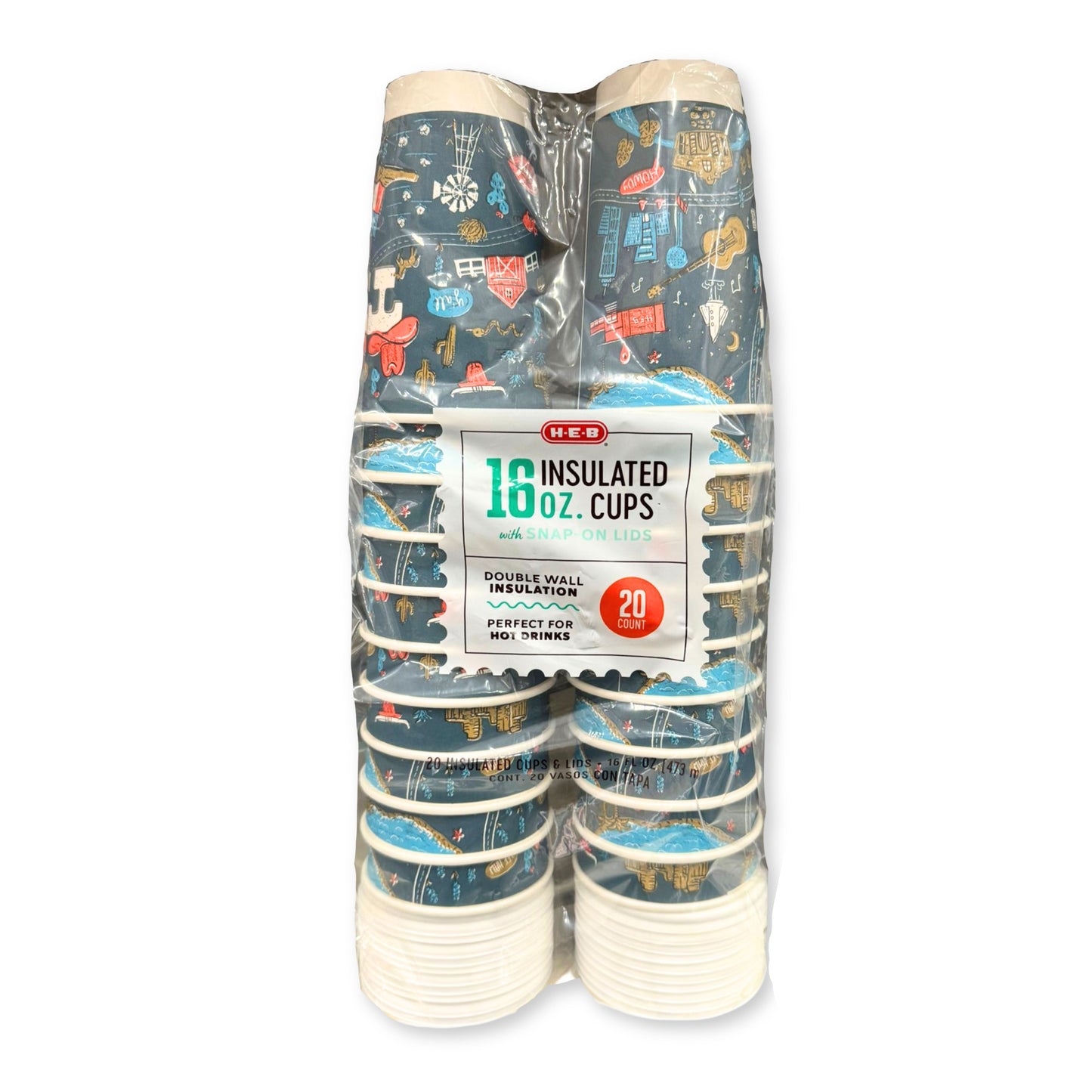 HEB 16 oz Insulated Coffee Cups with Snap-On Lids 20 Count
