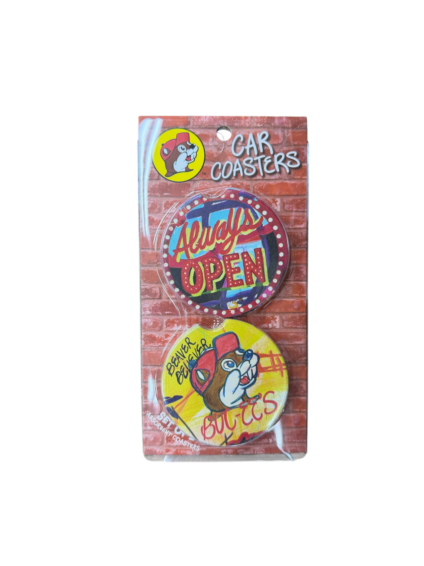 Buc-ee’s Car Coaster Set – 2 Absorbent Neoprene Cup Holder Coasters – Assorted Designs