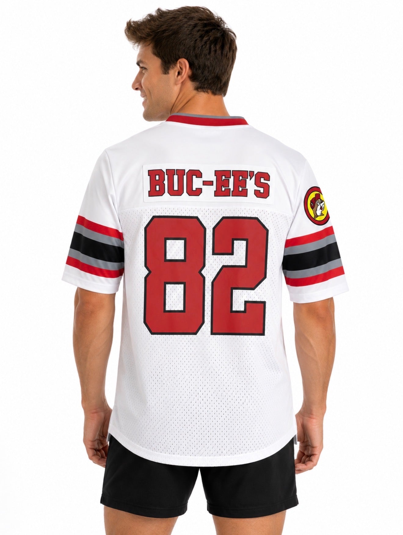Buc-ee’s Texas #82 Football Jersey – White Red & Black Mesh Short Sleeve Jersey