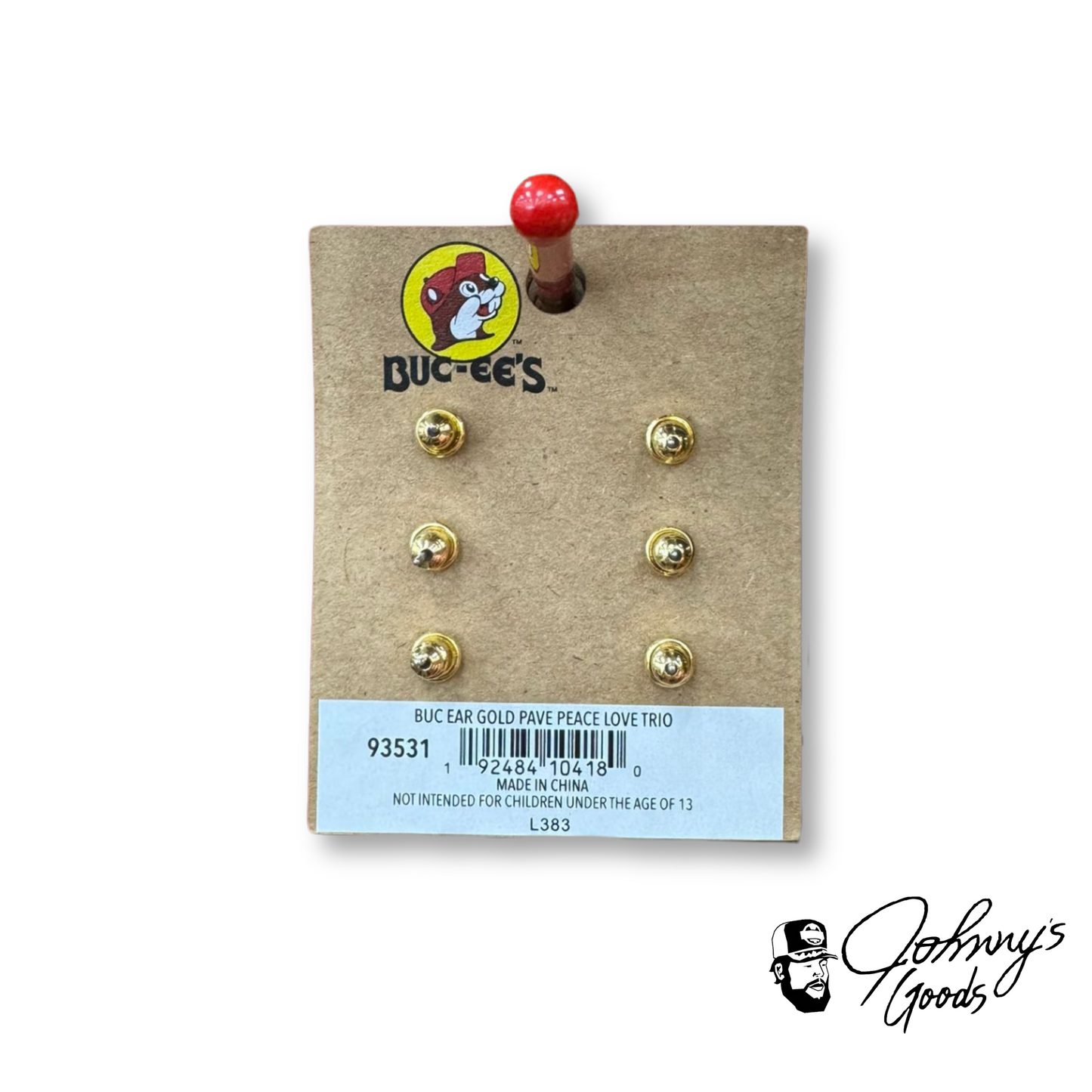 Buc-ee's Earrings Gold Pave Peace Love Multiple Pair