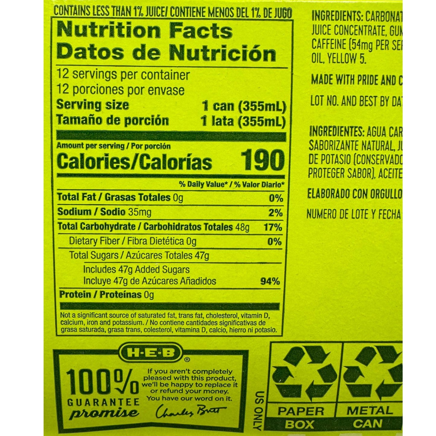 Heb soda can 12 pack sugar cola sweet citrus rush lime soda flavor texas