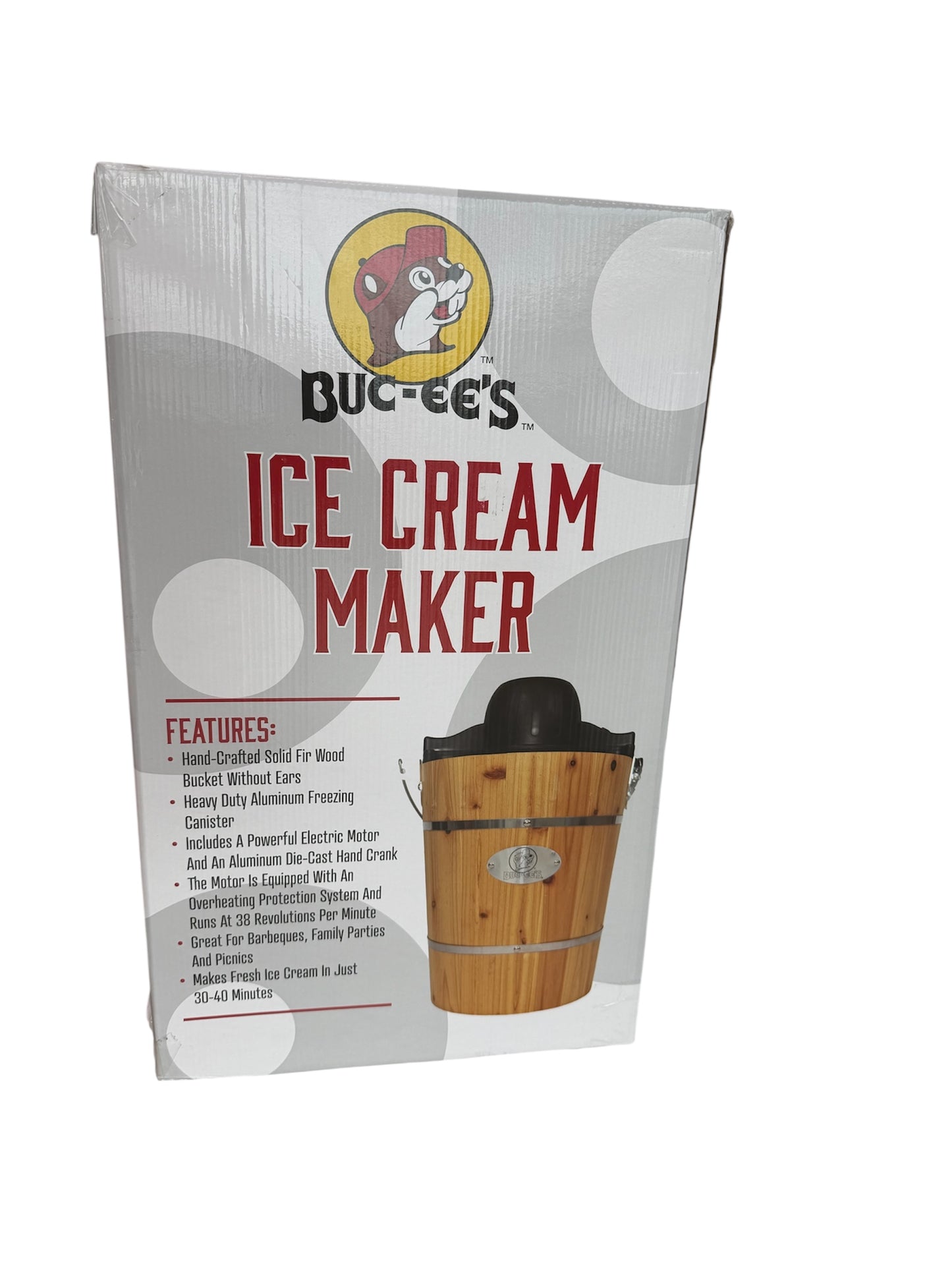 Buc-ee’s Electric Ice Cream Maker – Wooden Bucket Ice Cream Maker with Hand Crank