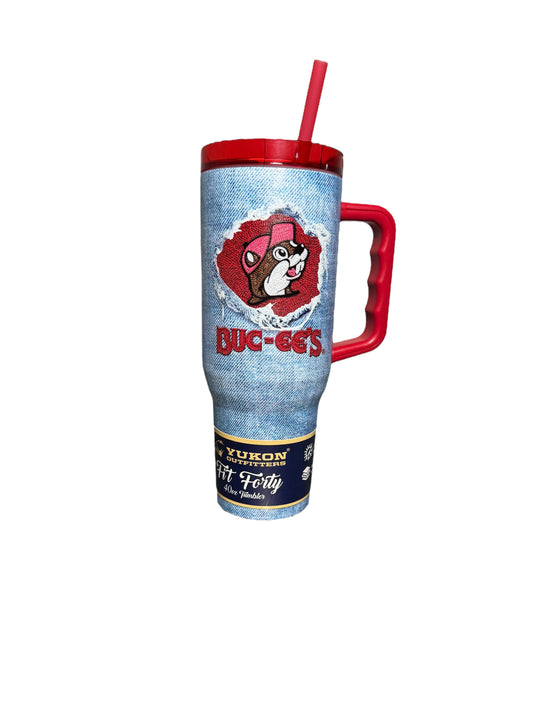 Front view of a Buc-ee’s 40oz Yukon Outfitters tumbler with red lid and ripped denim wrap design featuring Buc-ee’s beaver logo