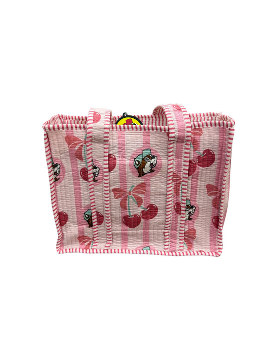 Buc-ee’s Cherry Quilted Tote Bag – Pink Stripe | Available in Small & Large