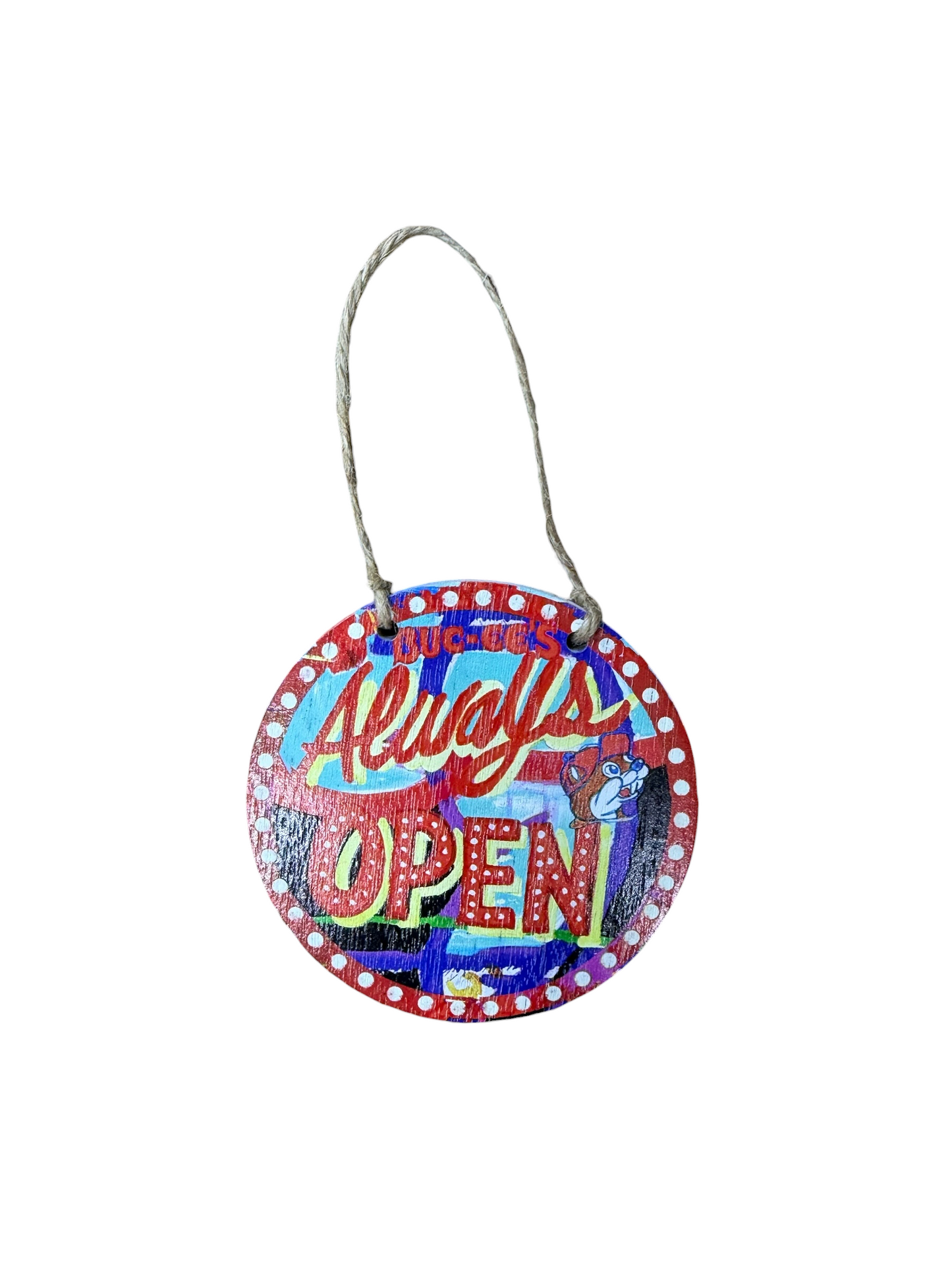 Buc-ee’s Wooden Gift Tag Ornament –  Collage Design with Twine Hanger