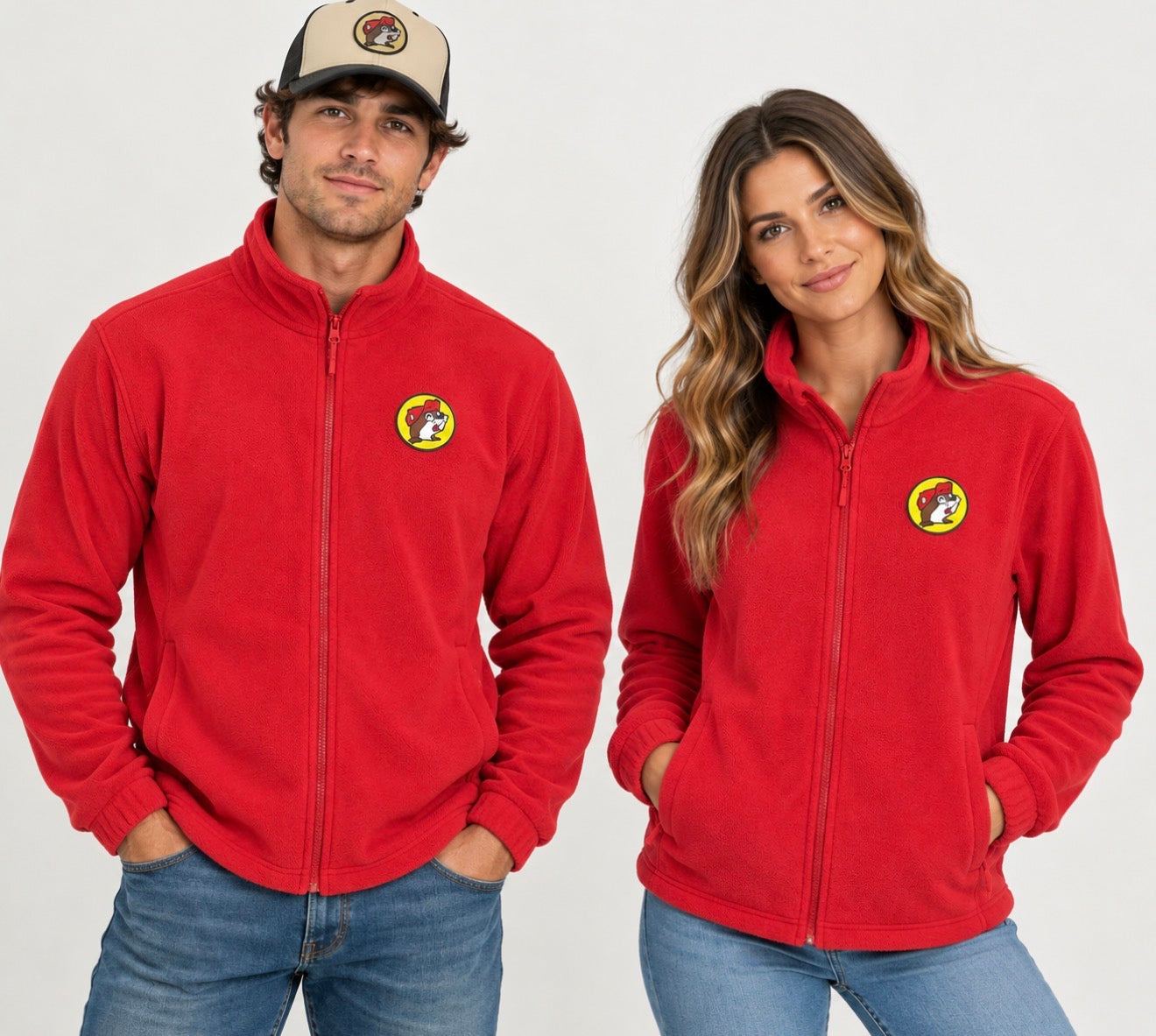 Buc-ee’s Red Fleece Full-Zip Jacket – Unisex Adult Beaver Logo Pullover Outerwear