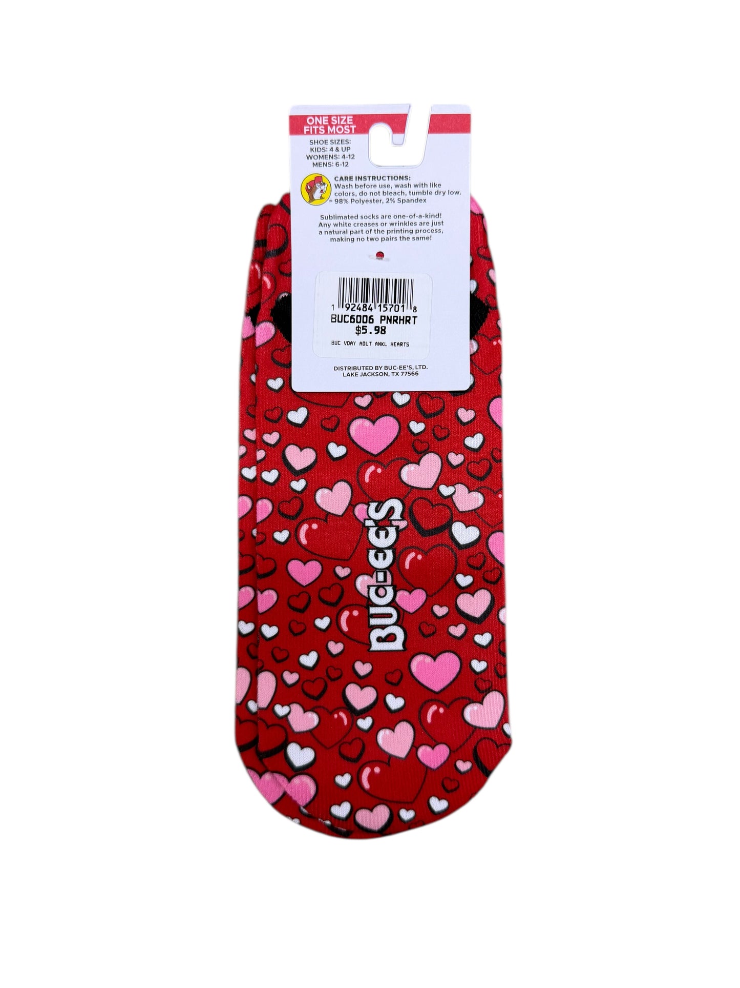 Buc-ee’s Valentine No-Show Socks – Hearts & Candy Design (Unisex)