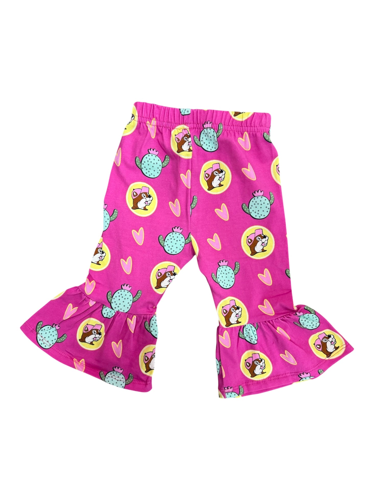 Buc-ee’s Toddler Girl Bell Bottom Pants – Pink Cactus & Heart Print – Ruffle Flare Leggings
