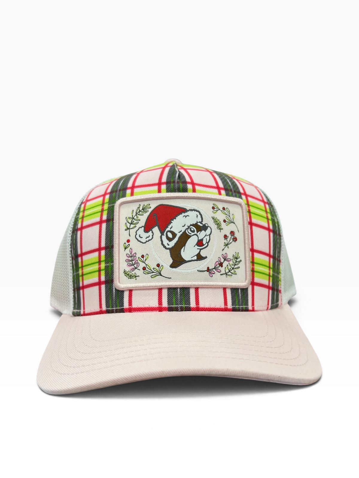 Buc-ee’s Christmas Plaid Santa Beaver Trucker Hat – Pink & Green