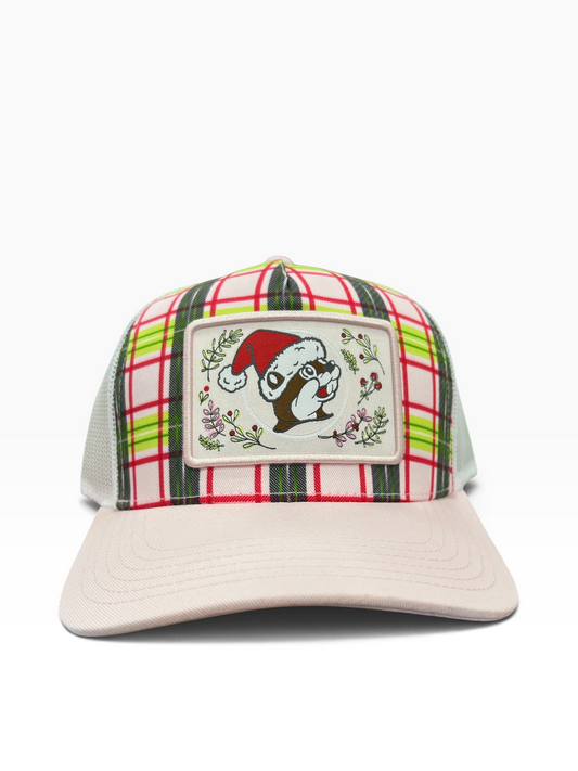 Buc-ee’s Christmas Plaid Santa Beaver Trucker Hat – Pink & Green