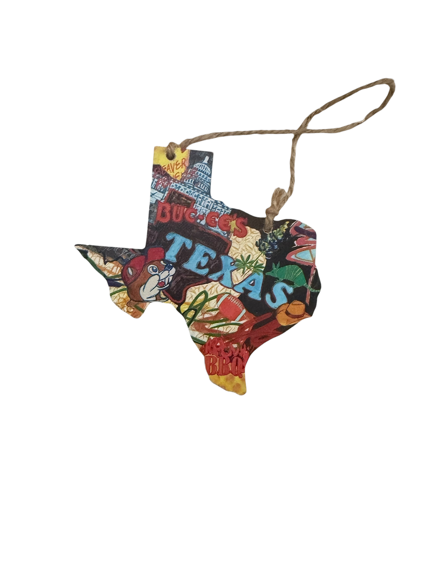 Buc-ee’s Texas Wooden Gift Tag Ornament – Texas Collage Design with Twine Hanger