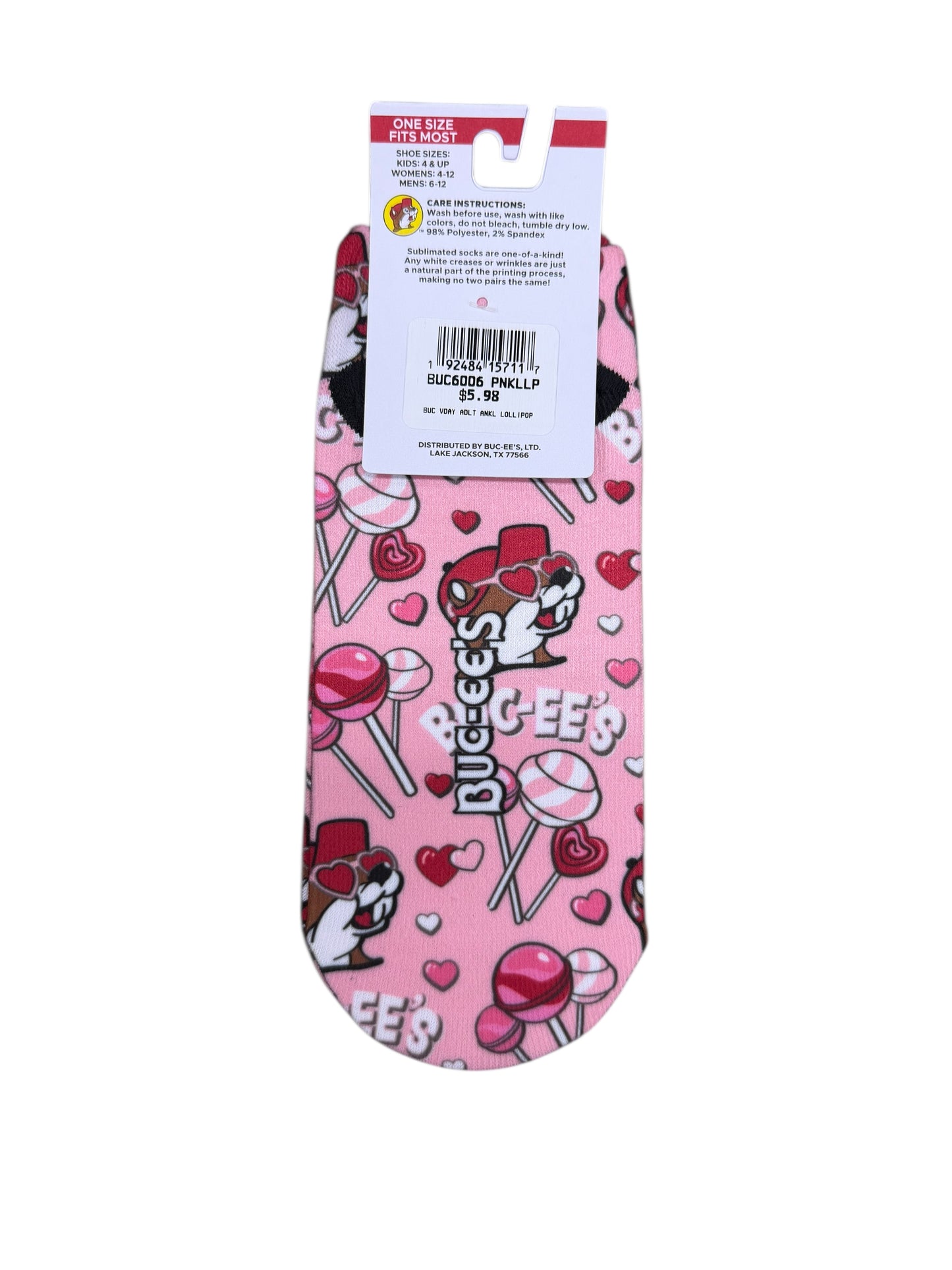 Buc-ee’s Valentine No-Show Socks – Hearts & Candy Design (Unisex)