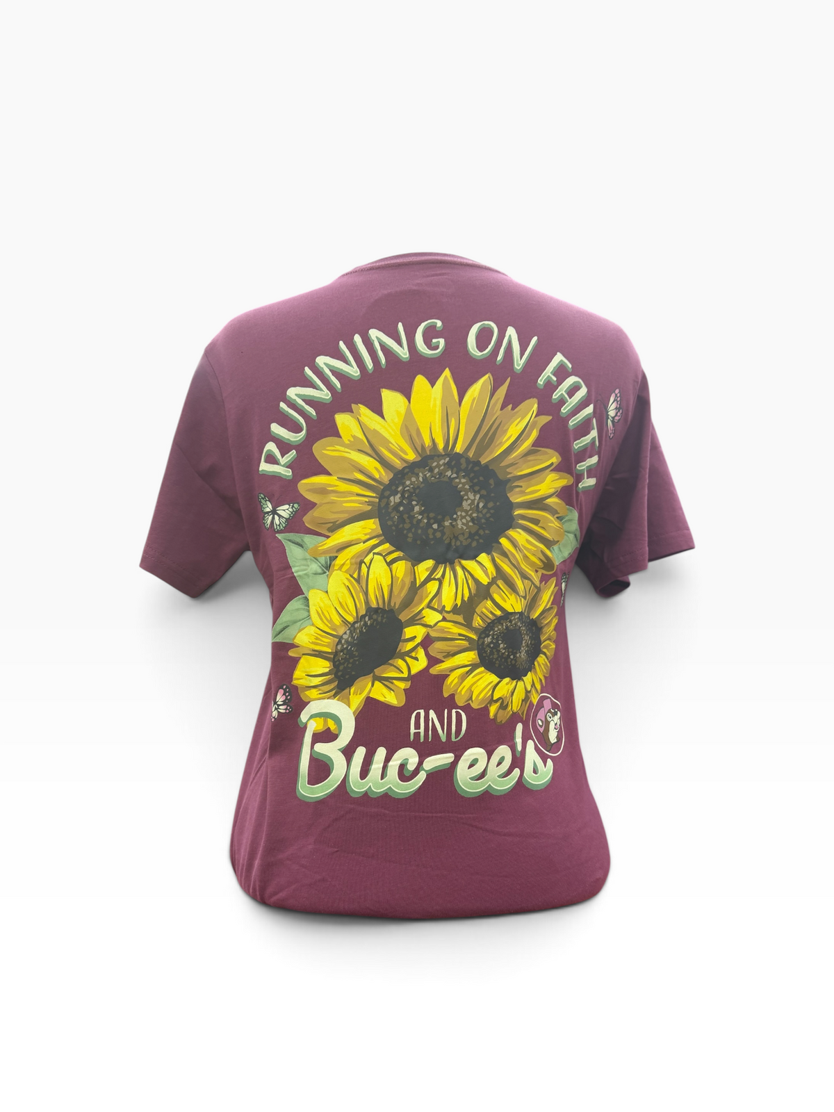 Buc-ee’s Running on Faith Sunflower T-Shirt – Maroon Floral Graphic Tee