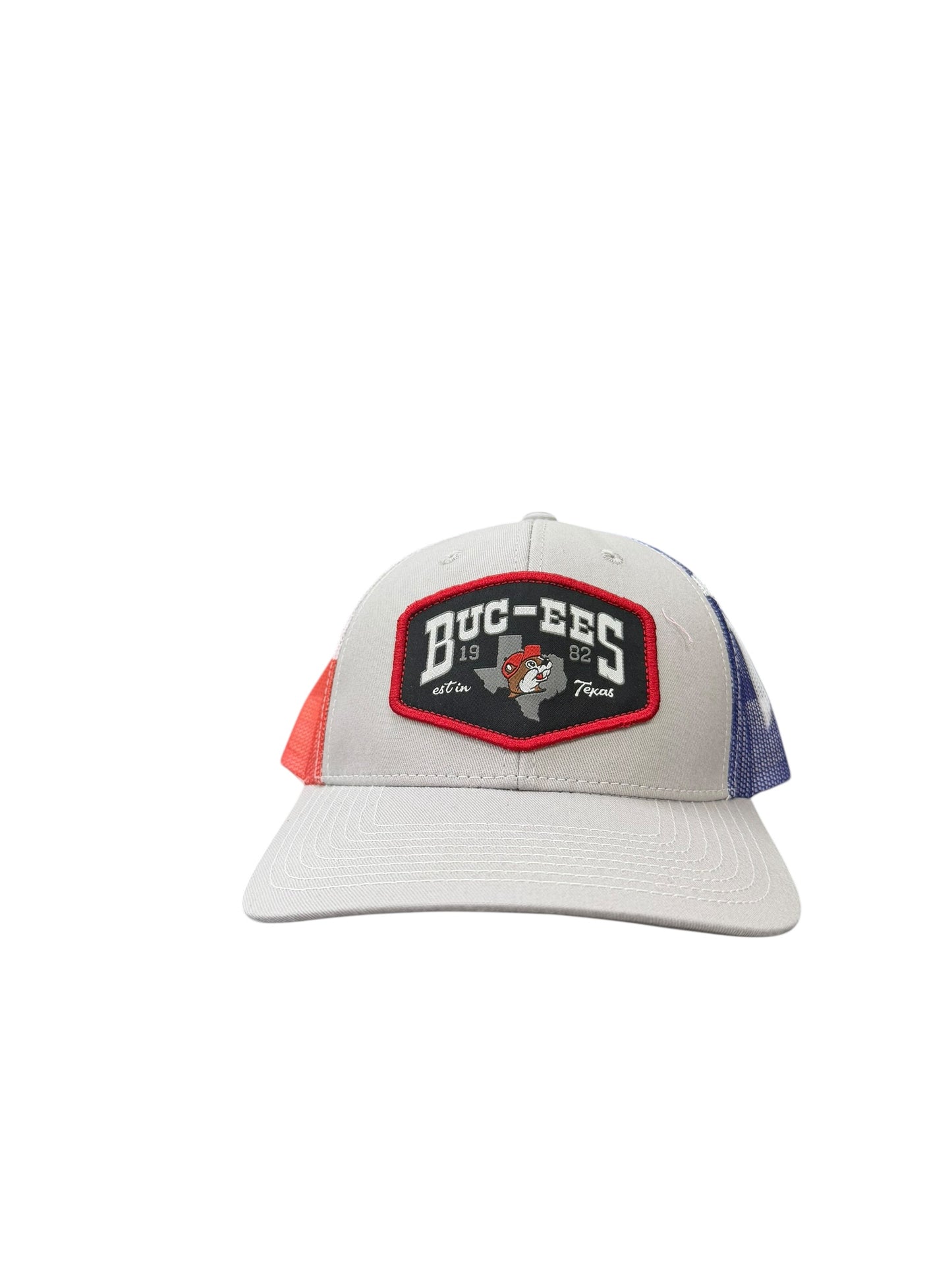 Buc-ee’s Texas Trucker Hat – Gray with Red, White & Blue Mesh