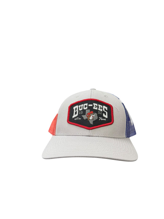 Buc-ee’s Texas Trucker Hat – Gray with Red, White & Blue Mesh
