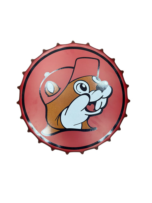 Buc-ee’s Bottle Cap Wall Decoration – Red Metal Logo Sign