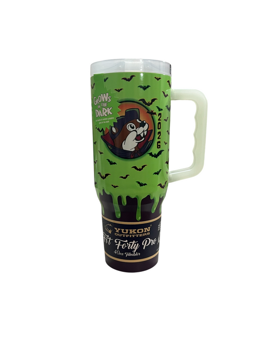 Buc-ee’s 2026 Glow-in-the-Dark Halloween 40 oz Tumbler with Handle – Green Bat Design