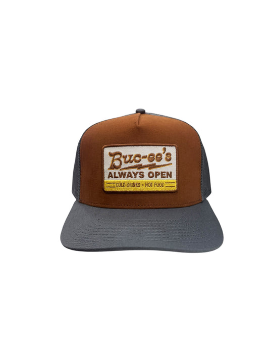 Buc-ee’s “Always Open” Trucker Hat – Brown & Gray Mesh Snapback Cap
