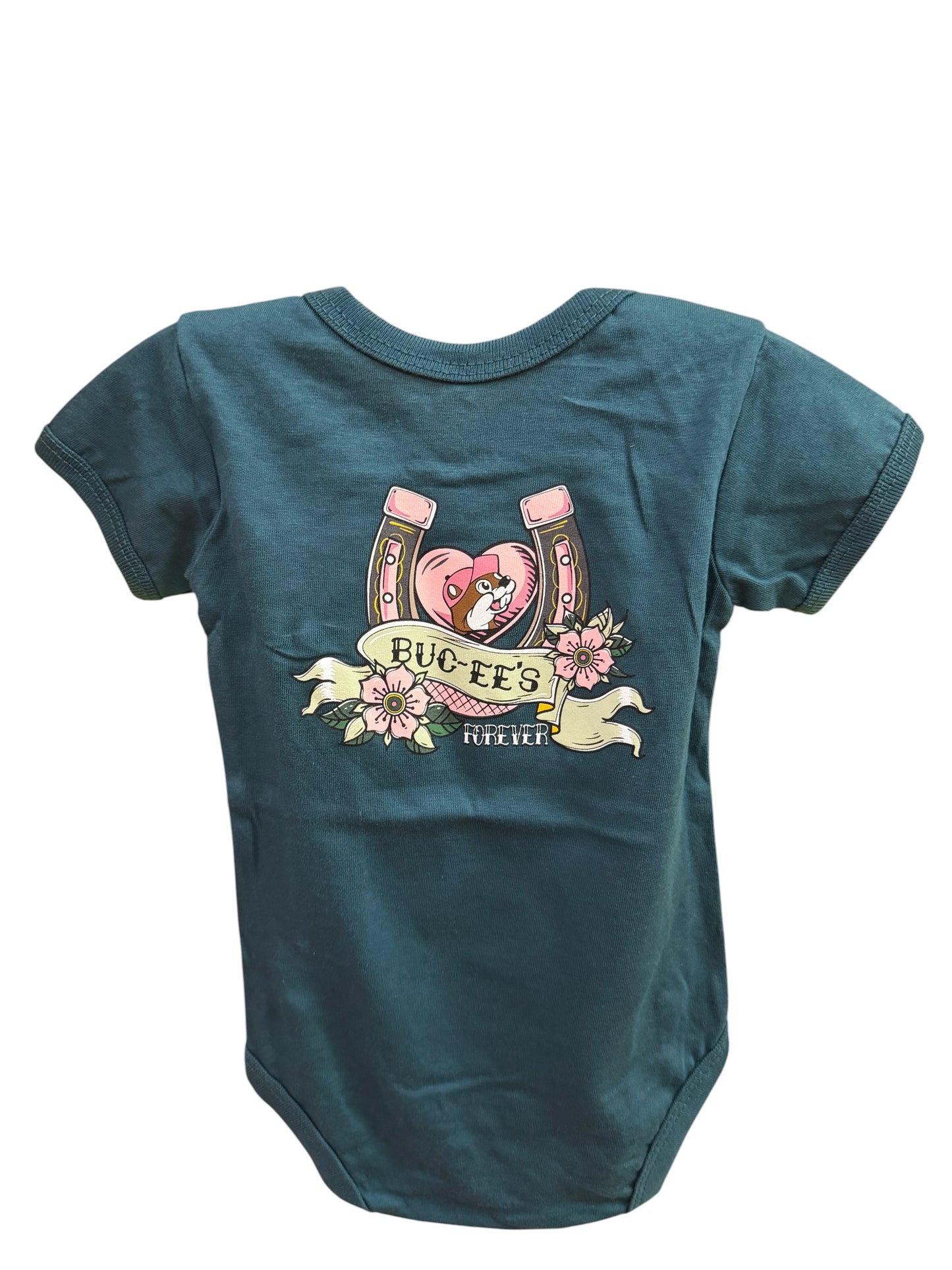 Buc-ee’s Forever Western Graphic T-Shirt – Teal with Pink Horseshoe & Floral Design