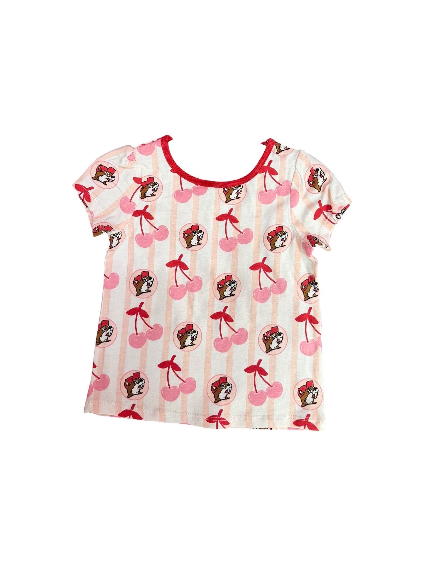 Buc-ee’s Baby Girl Cherry Outfit – 2-Piece Set – Top & Romper – Pink Stripe