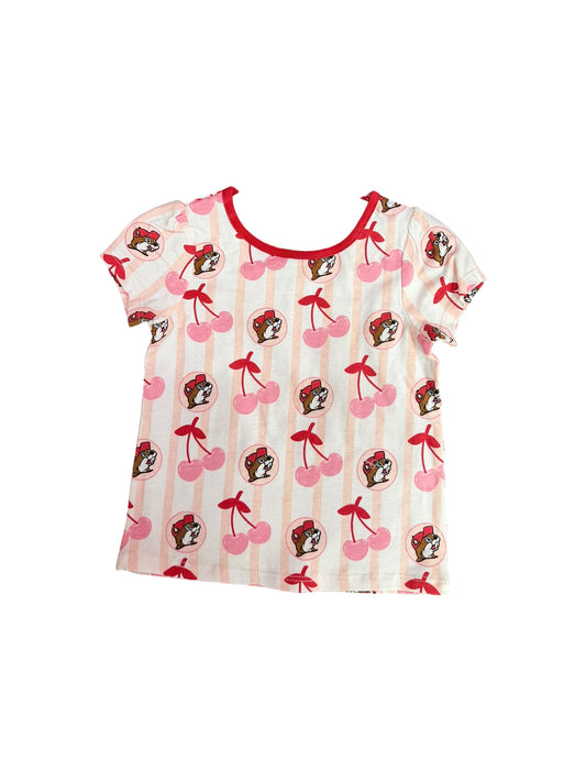 Buc-ee’s Baby Girl Cherry Outfit – 2-Piece Set – Top & Romper – Pink Stripe
