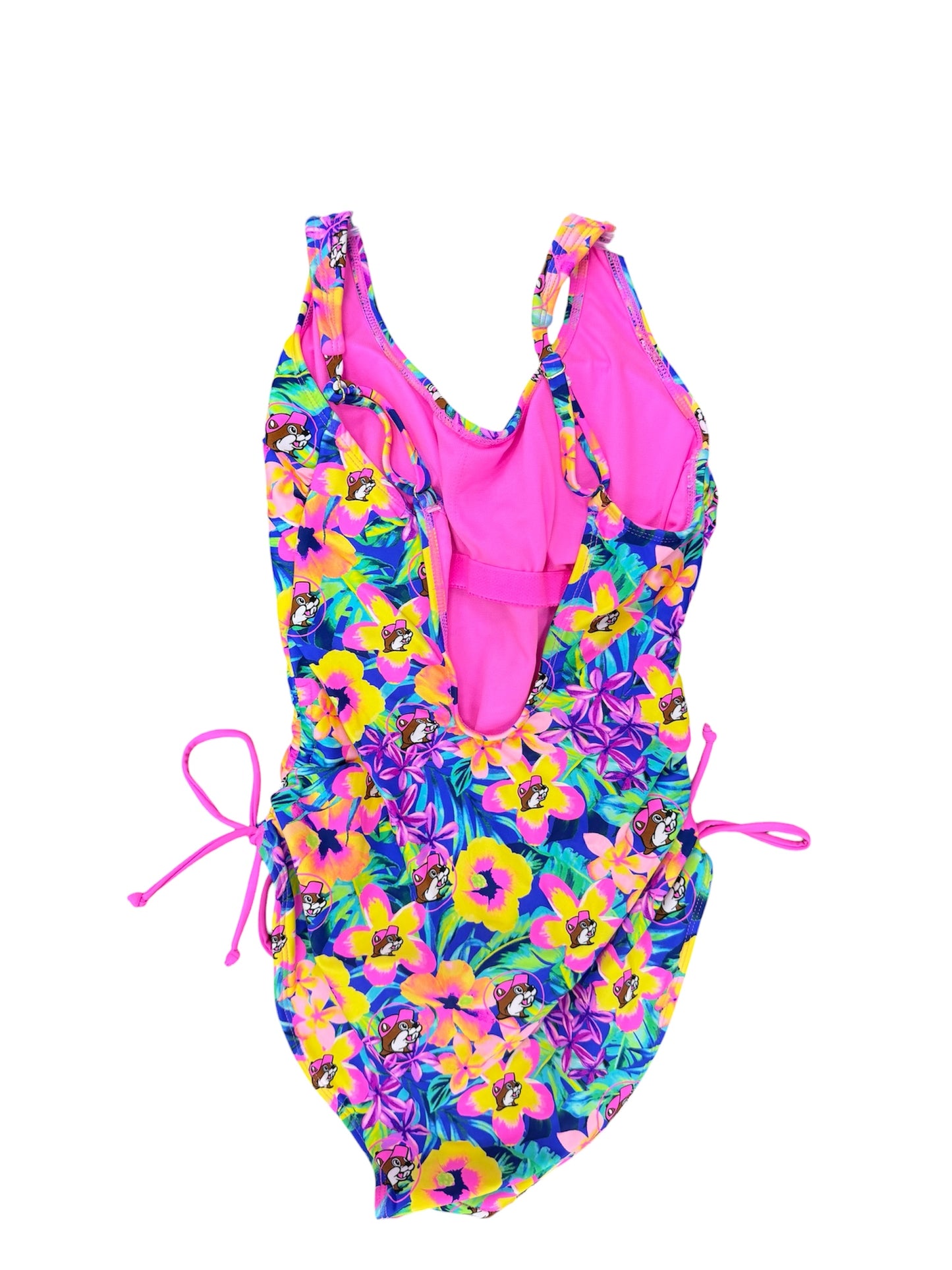 Buc-ee’s Women’s One-Piece Swimsuit – Leopard & Tropical Floral Prints | Adjustable Side Tie | Pink Lined
