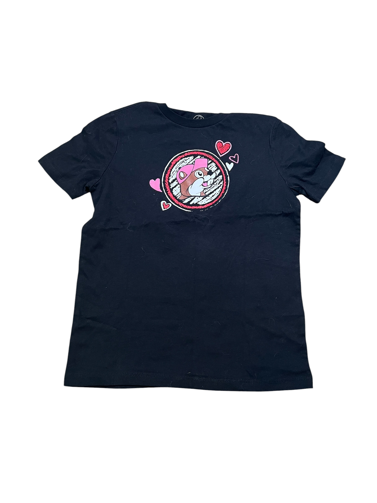 Buc-ee’s Youth Valentine Heart Logo T-Shirt – Black Graphic Tee with Pink Hearts Love Is In The Air