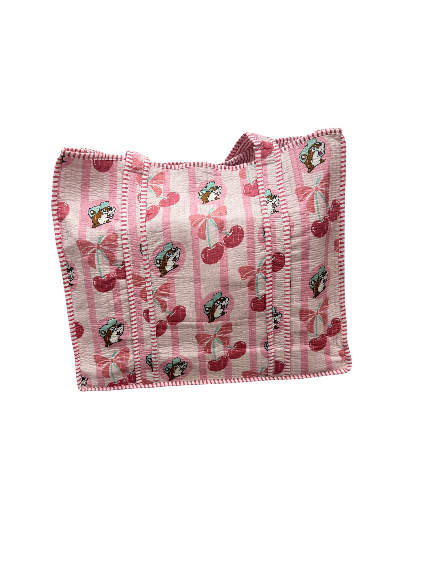Buc-ee’s Cherry Quilted Tote Bag – Pink Stripe | Available in Small & Large