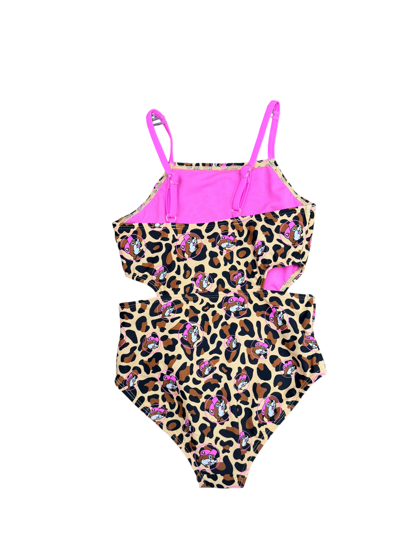 Buc-ee’s Leopard Print Girls Cutout One-Piece Swimsuit – Pink & Red