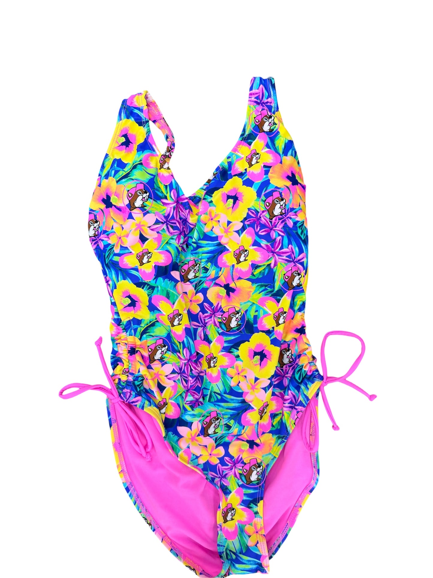 Buc-ee’s Women’s One-Piece Swimsuit – Leopard & Tropical Floral Prints | Adjustable Side Tie | Pink Lined