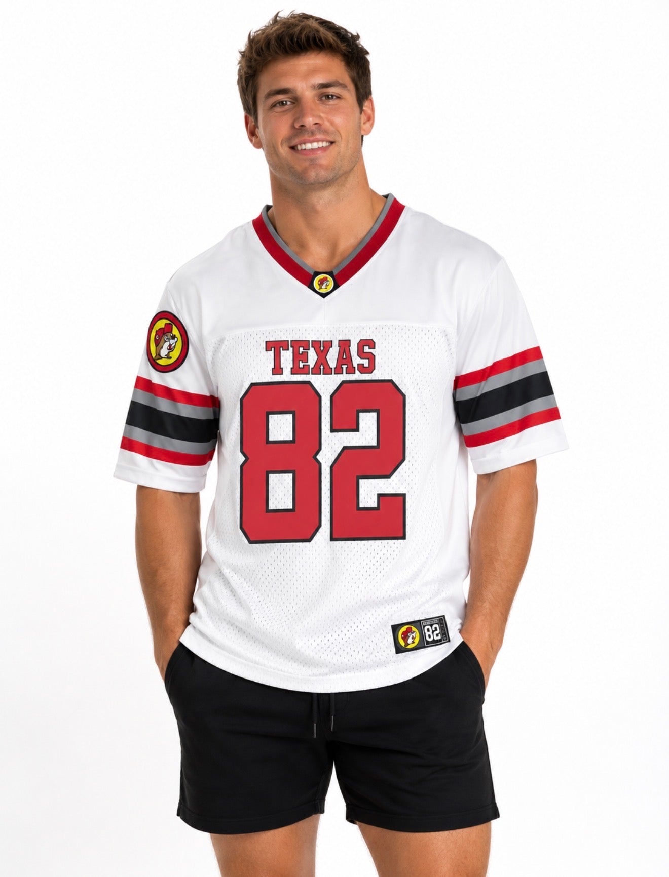 Buc-ee’s Texas #82 Football Jersey – White Red & Black Mesh Short Sleeve Jersey