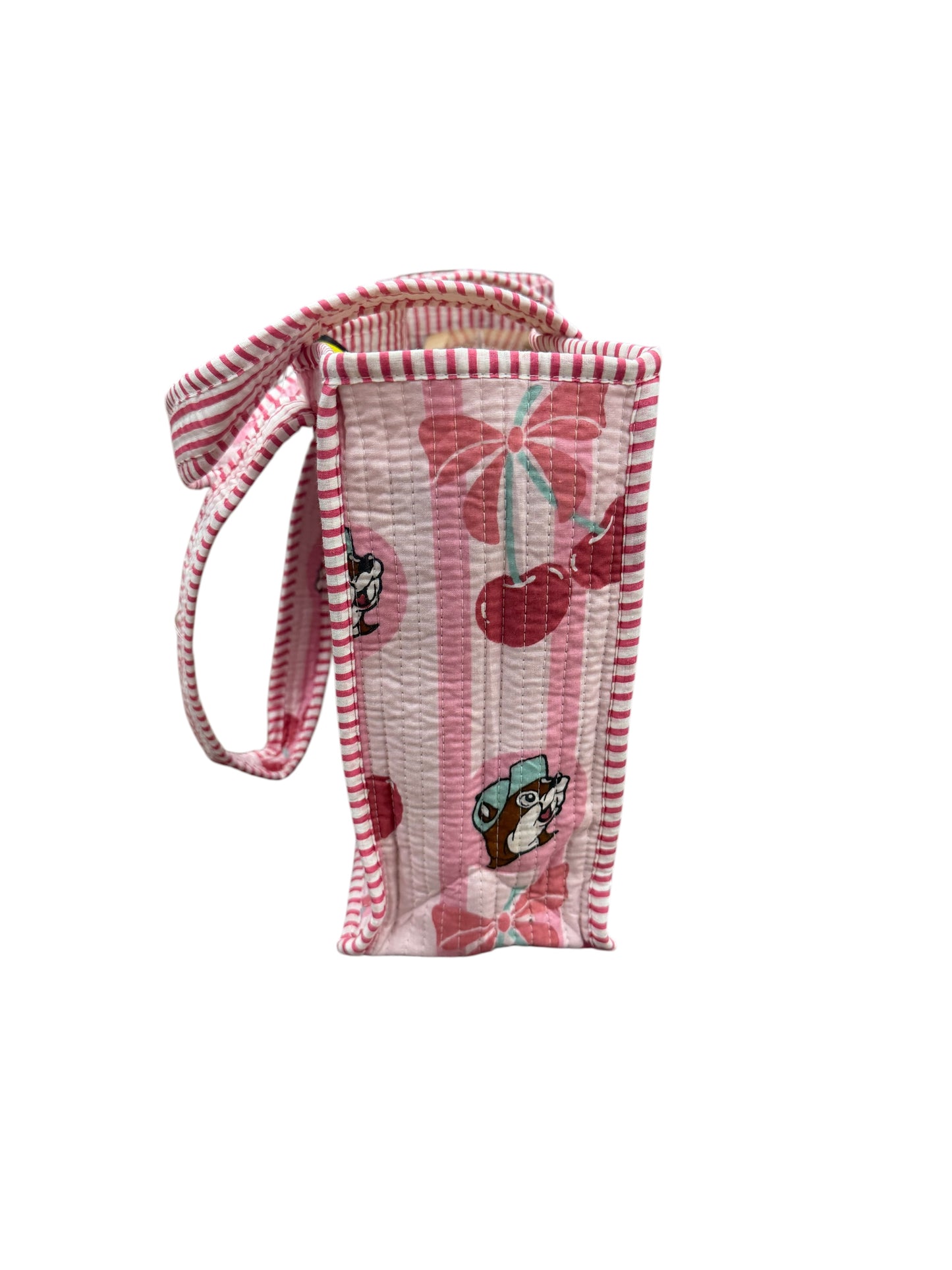 Buc-ee’s Cherry Quilted Tote Bag – Pink Stripe | Available in Small & Large
