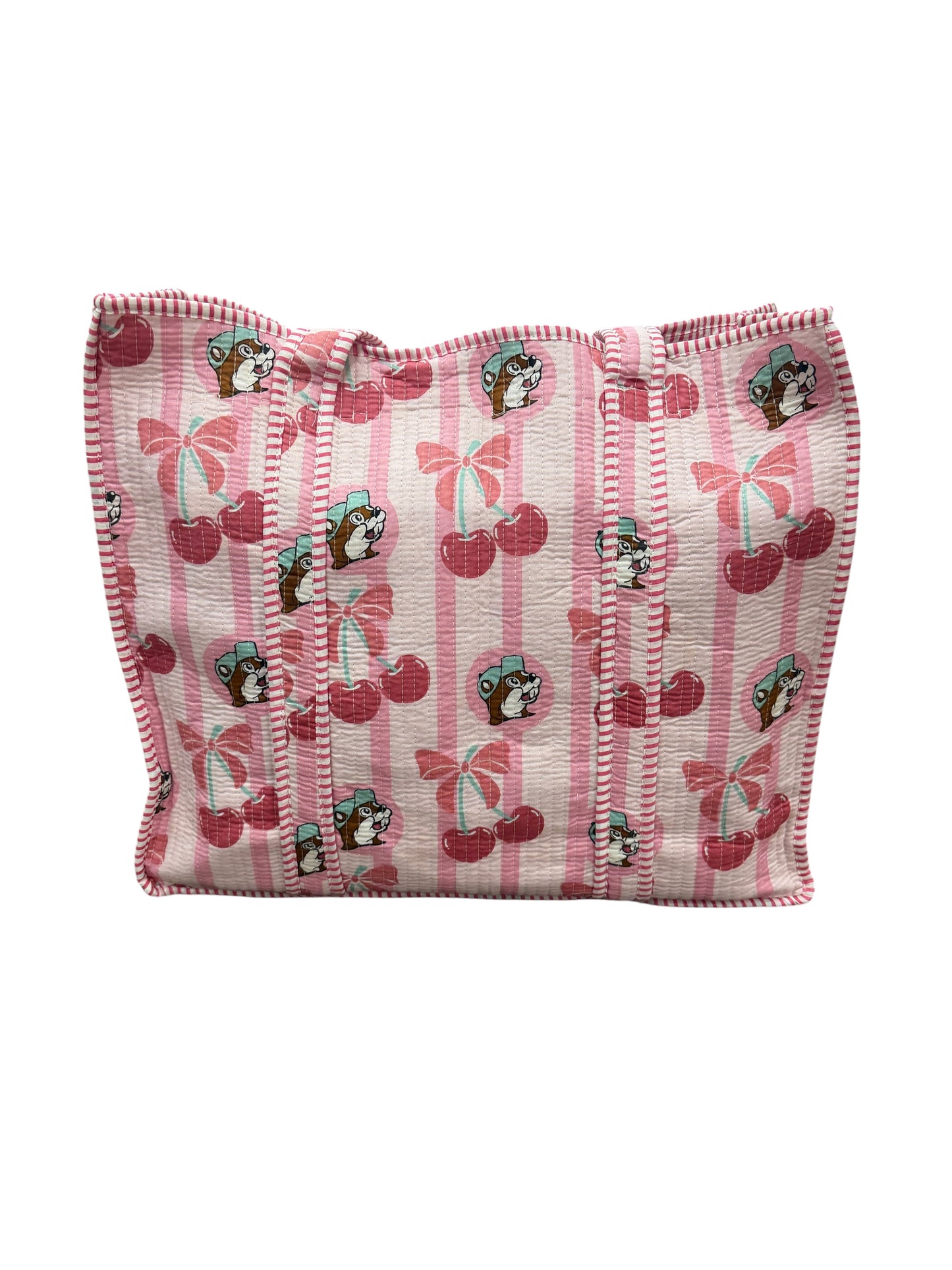 Buc-ee’s Cherry Quilted Tote Bag – Pink Stripe | Available in Small & Large