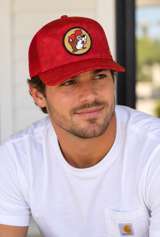 Buc-ee’s Red Camo Trucker Hat with American Flag