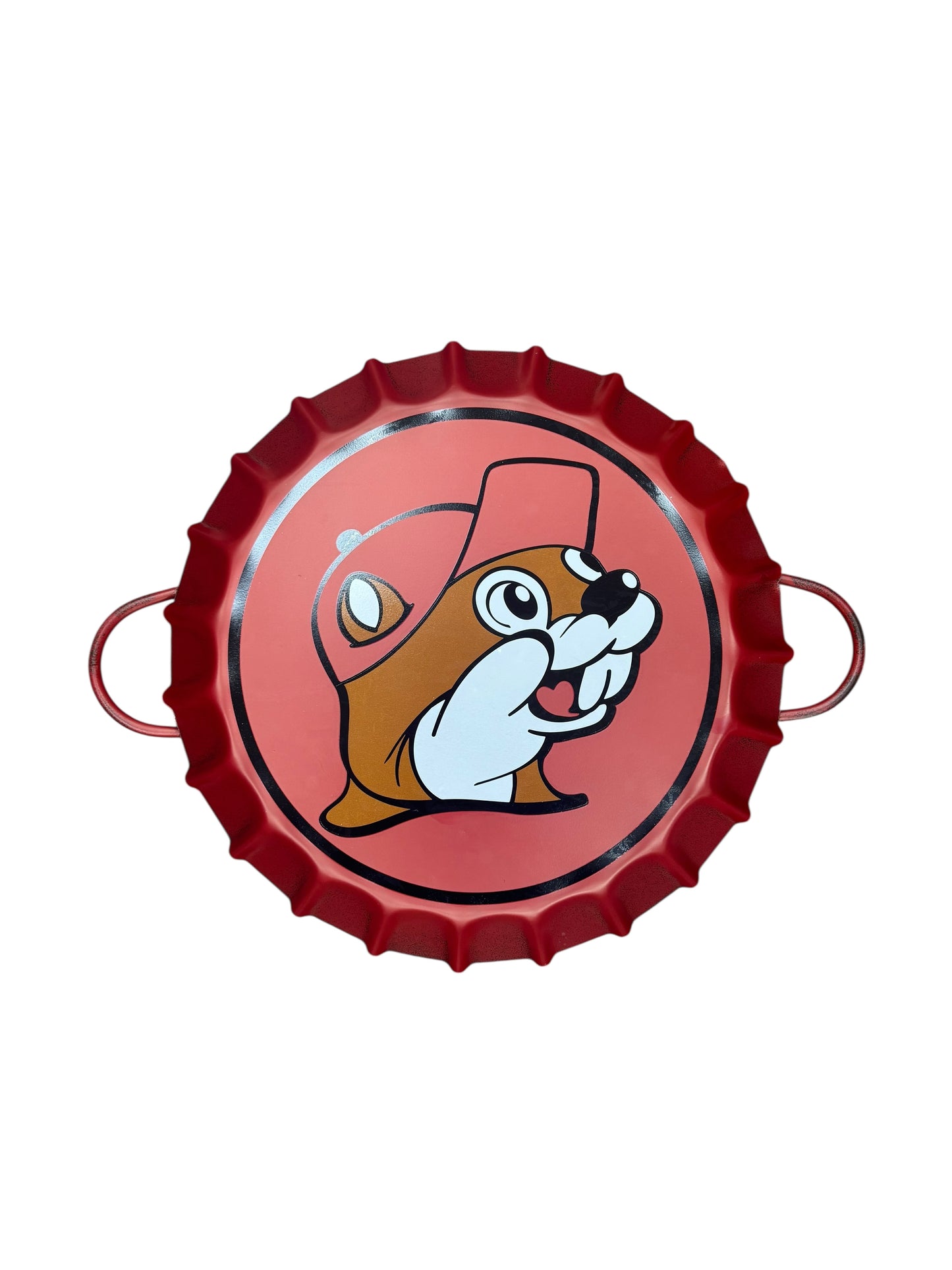 Buc-ee’s Bottle Cap Serving Tray – Decorative Red Metal Tray