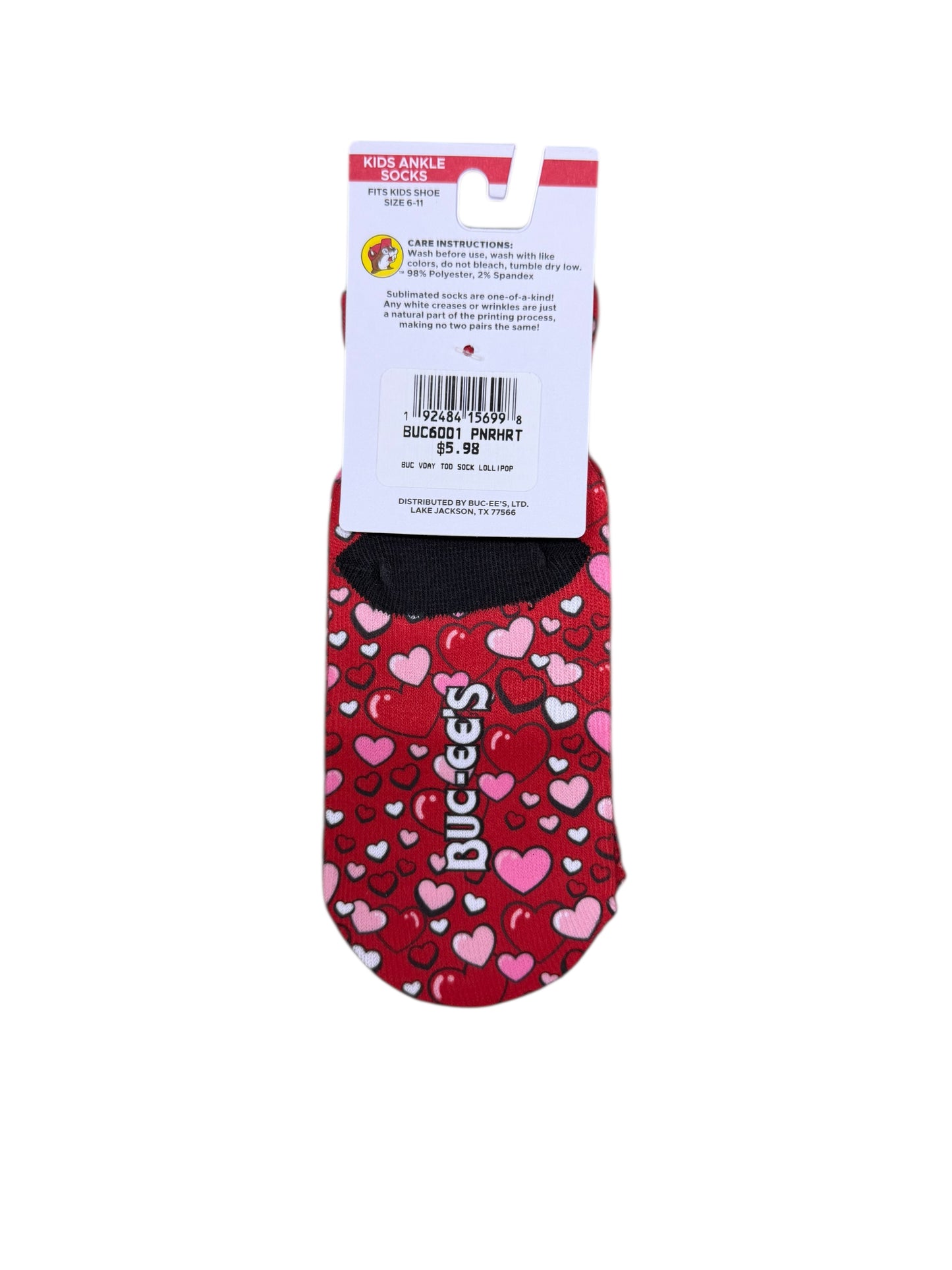 Buc-ee’s Valentine No-Show Socks – Hearts & Candy Design (Unisex)