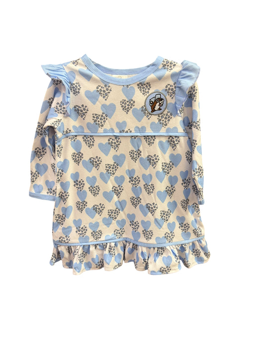 Buc-ee’s Girls Long Sleeve Ruffle Hem Dress – Blue Heart Print