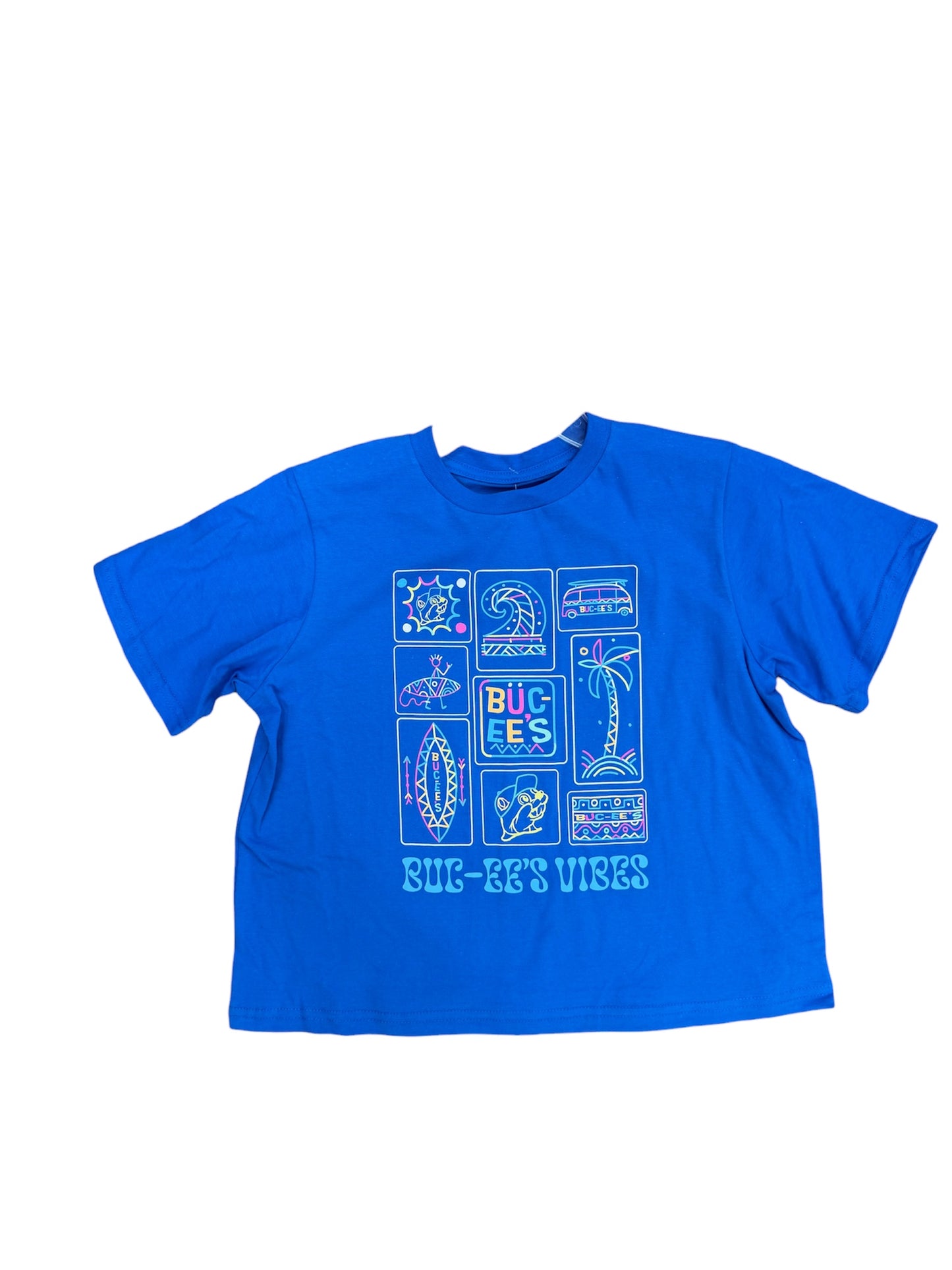 Buc-ee’s “Buc-ee’s Vibes” Neon Graphic Crop Top – Electric Blue