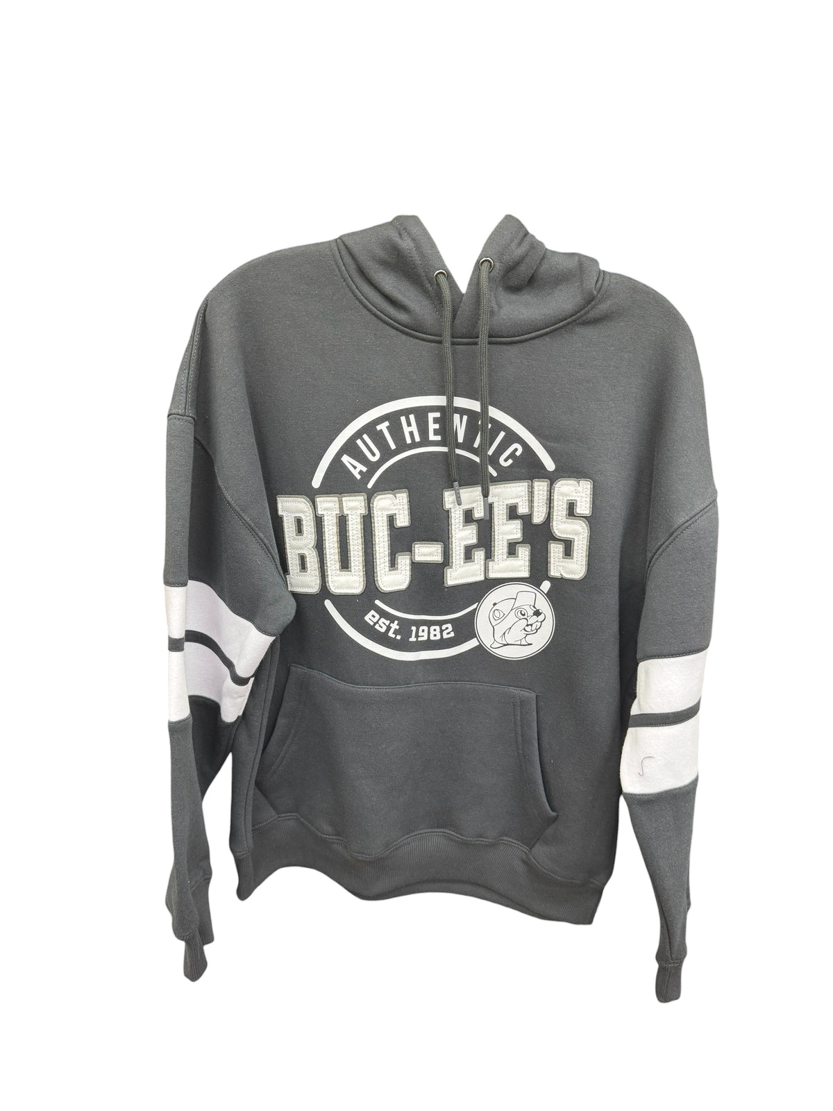 Buc-ee’s Authentic Charcoal Gray Varsity Hoodie – Unisex Adult Pullover Sweatshirt