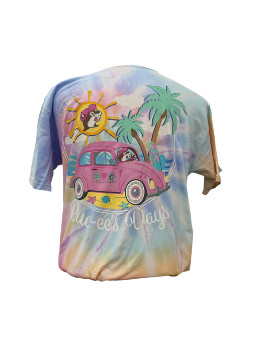 Buc-ee’s Groovy Days Tie-Dye T-Shirt – Pastel Peace & Love Pink Bug Design