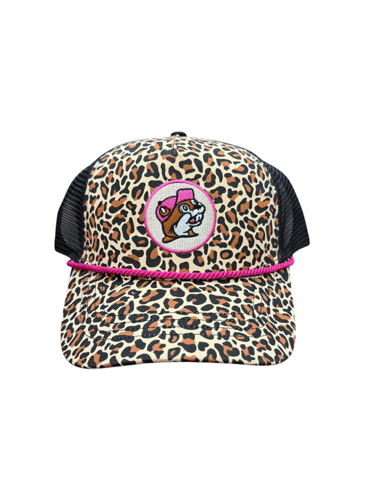 Buc-ee’s Leopard Print Trucker Hat with Pink Rope – Mesh Back Snapback