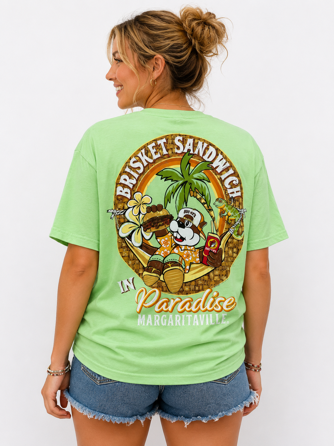 Buc-ee’s Margaritaville Brisket Sandwich in Paradise Mint Green Graphic T-Shirt