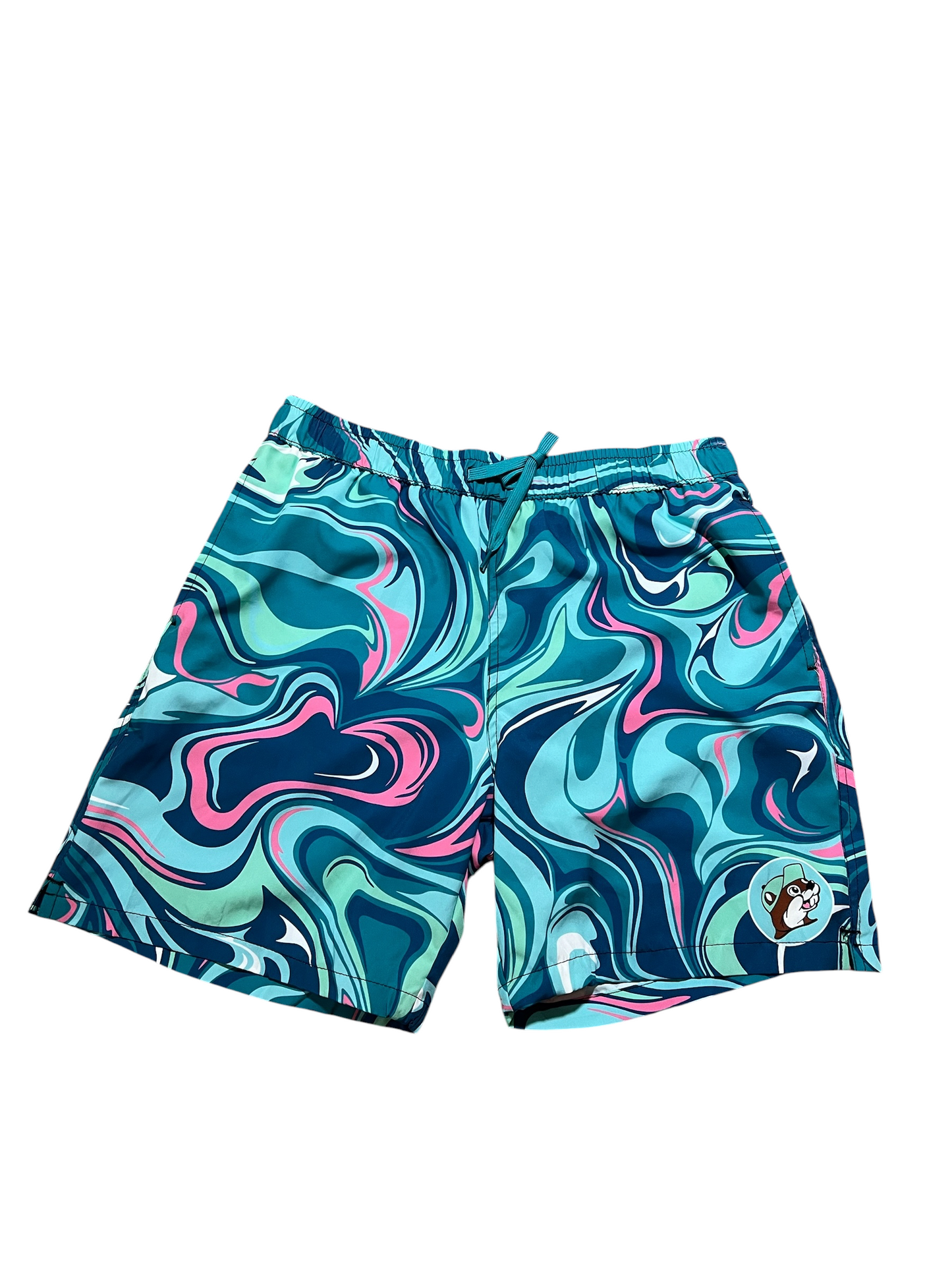Buc-ee’s Marble Wave Swim Trunks – Blue, Teal & Pink Swirl Design
