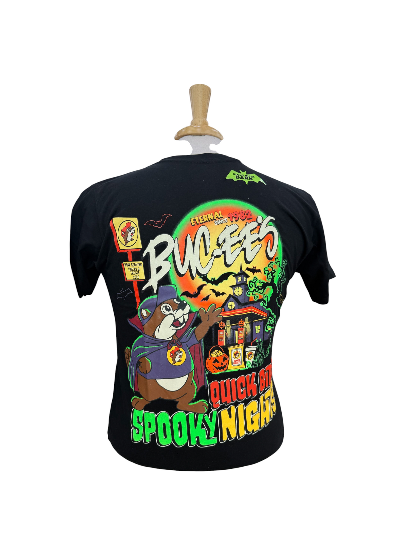 Buc-ee’s Spooky Nights Glow-in-the-Dark Halloween T-Shirt –Black Tee (Front & Back Graphic)