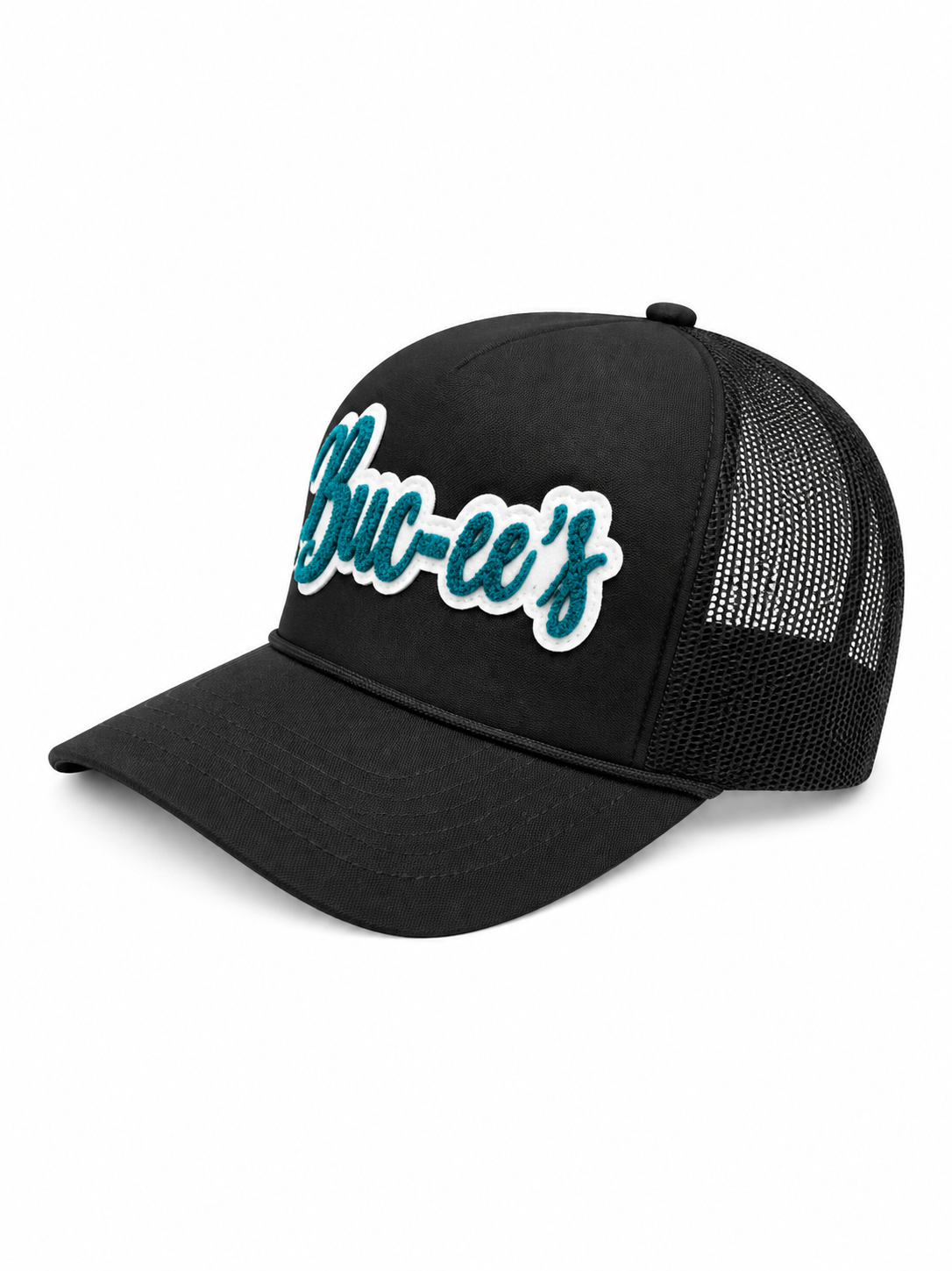 Buc-ee’s Black Trucker Hat with Teal Chenille Patch