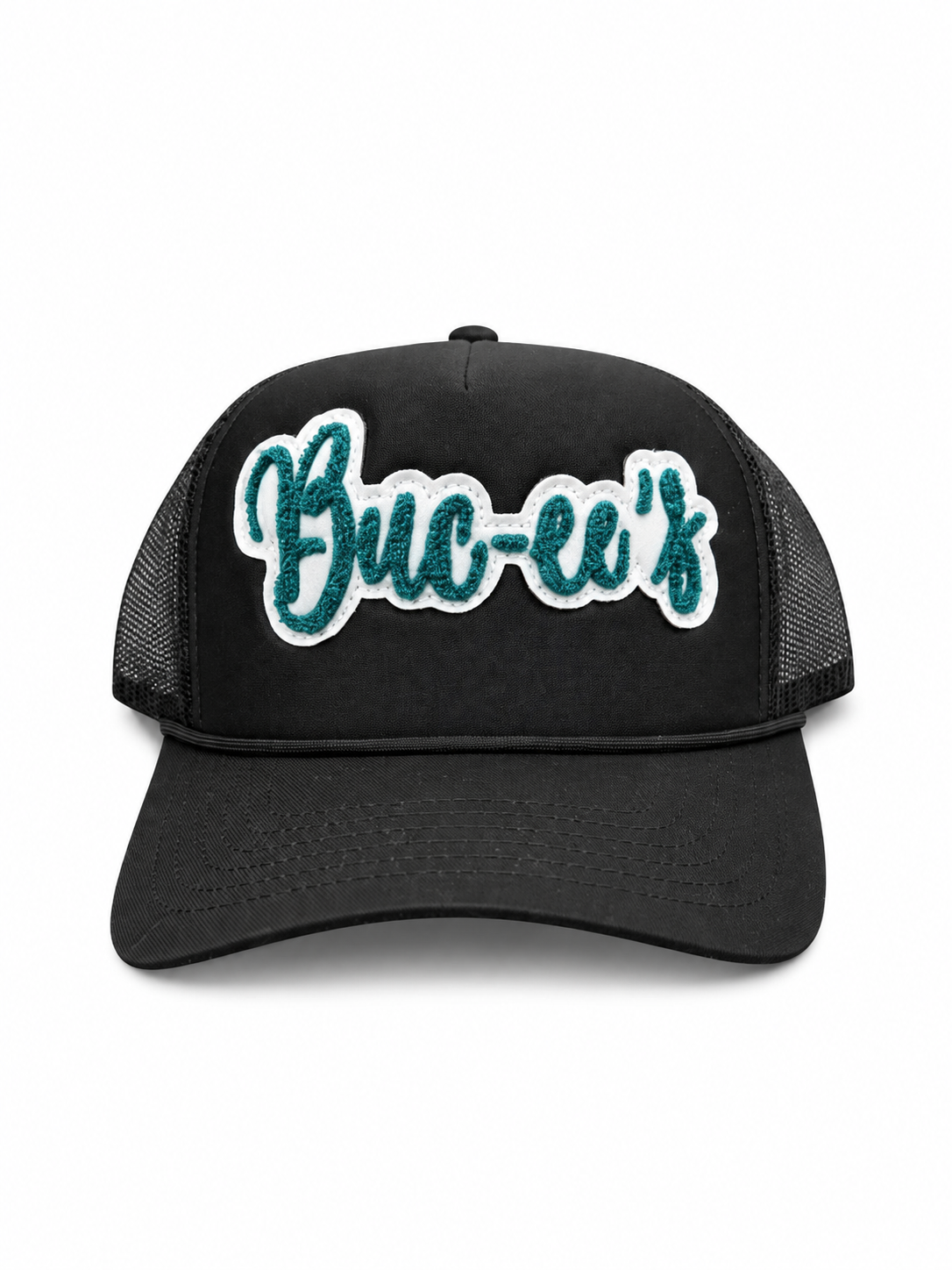 Buc-ee’s Black Trucker Hat with Teal Chenille Patch