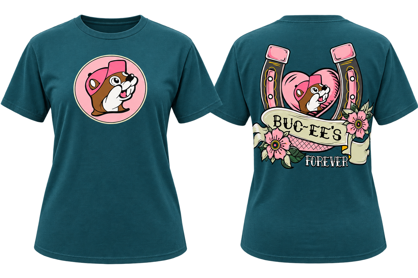 Buc-ee’s Forever Western Graphic T-Shirt – Teal with Pink Horseshoe & Floral Design
